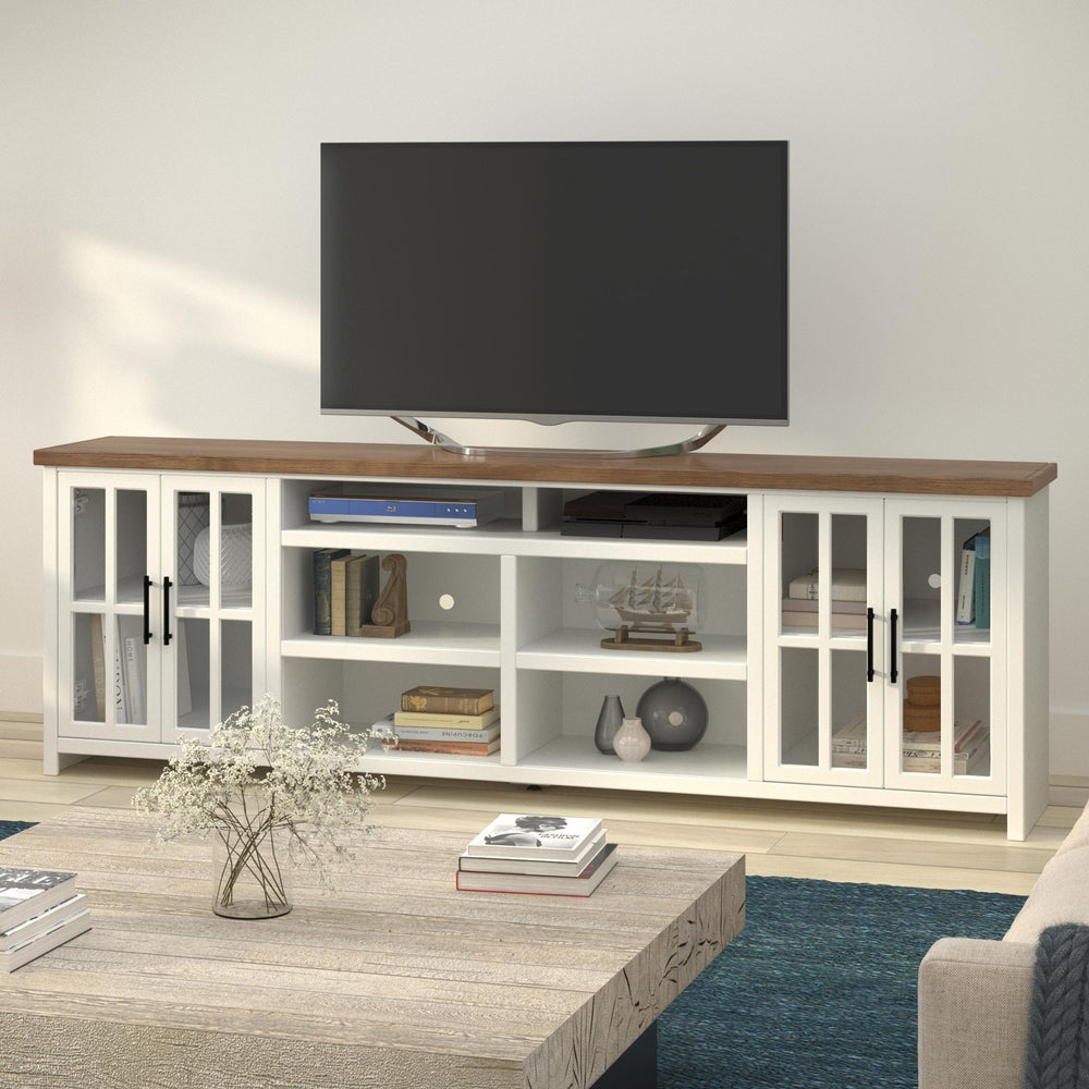 Legends Furniture Bridgevine Home Hampton 96 Inch Tv Stand Console For Tvs Up To 100 Inches, No Assembly Requried, Jasmine Whitewash And Barnwood Finish Barnwood And Jasmine White, White Poplar Solids And Okoume Veneers With Knotty Alder Top Ht1211.Bjw