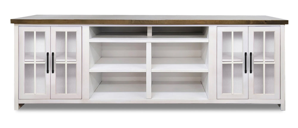 Legends Furniture Bridgevine Home Hampton 96 Inch Tv Stand Console For Tvs Up To 100 Inches, No Assembly Requried, Jasmine Whitewash And Barnwood Finish Barnwood And Jasmine White, White Poplar Solids And Okoume Veneers With Knotty Alder Top Ht1211.Bjw