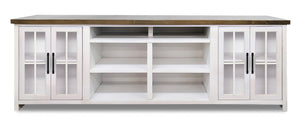 Legends Furniture Bridgevine Home Hampton 96 Inch Tv Stand Console For Tvs Up To 100 Inches, No Assembly Requried, Jasmine Whitewash And Barnwood Finish Barnwood And Jasmine White, White Poplar Solids And Okoume Veneers With Knotty Alder Top Ht1211.Bjw