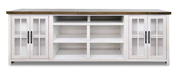 Legends Furniture Bridgevine Home Hampton 96 Inch Tv Stand Console For Tvs Up To 100 Inches, No Assembly Requried, Jasmine Whitewash And Barnwood Finish Barnwood And Jasmine White, White Poplar Solids And Okoume Veneers With Knotty Alder Top Ht1211.Bjw