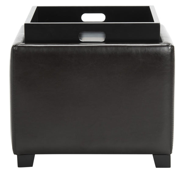 Safavieh Bobbi Stylish Storage Ottoman With Dual-Function Tray Lid, Plush Leather & Java Beechwood Legs HUD4006E
