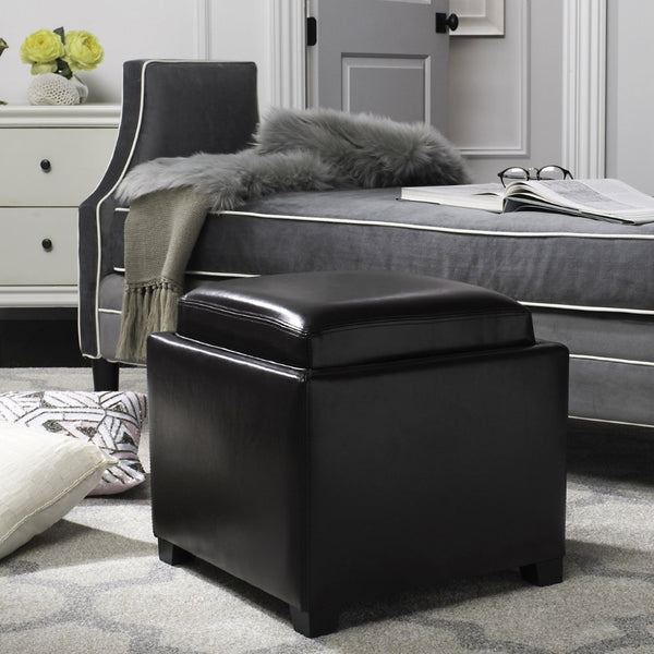 Safavieh Bobbi Stylish Storage Ottoman With Dual-Function Tray Lid, Plush Leather & Java Beechwood Legs HUD4006E