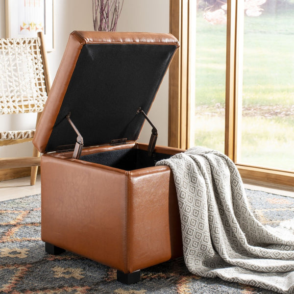 Safavieh Jonathan Contemporary Flip-Top Ottoman With Hidden Storage For Modern Living Spaces And Style Saddle HUD4007C