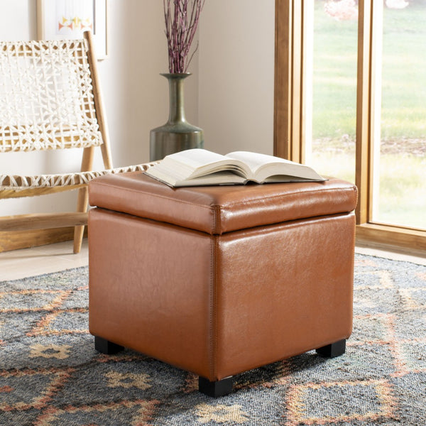 Safavieh Jonathan Contemporary Flip-Top Ottoman With Hidden Storage For Modern Living Spaces And Style Saddle HUD4007C