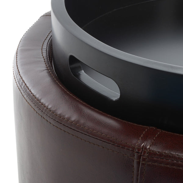 Safavieh Round Storage Tray Ottoman - Stylish Dual-Purpose Design With Hidden Storage & Plush Leather Cushion HUD4045C