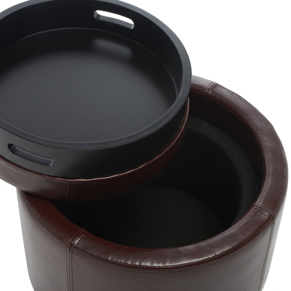 Safavieh Round Storage Tray Ottoman - Stylish Dual-Purpose Design With Hidden Storage & Plush Leather Cushion HUD4045C
