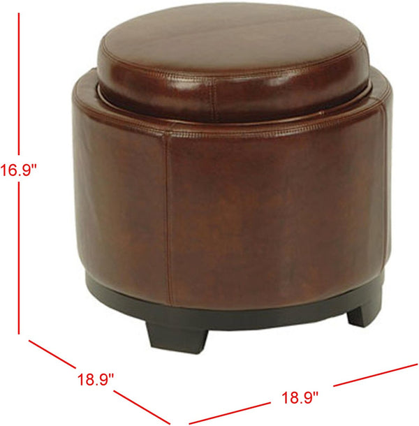 Safavieh Round Storage Tray Ottoman - Stylish Dual-Purpose Design With Hidden Storage & Plush Leather Cushion HUD4045C