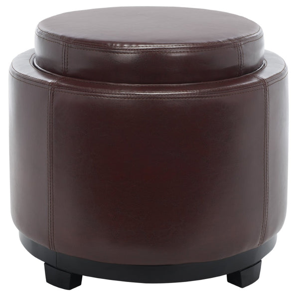 Safavieh Round Storage Tray Ottoman - Stylish Dual-Purpose Design With Hidden Storage & Plush Leather Cushion HUD4045C