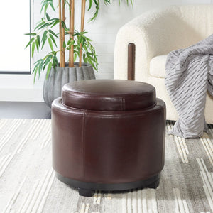 Safavieh Round Storage Tray Ottoman - Stylish Dual-Purpose Design With Hidden Storage & Plush Leather Cushion HUD4045C