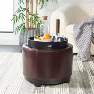 Safavieh Round Storage Tray Ottoman - Stylish Dual-Purpose Design With Hidden Storage & Plush Leather Cushion HUD4045C