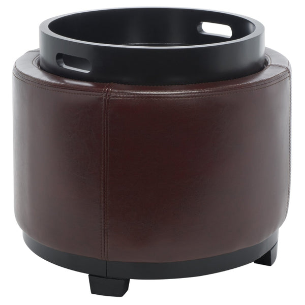 Safavieh Round Storage Tray Ottoman - Stylish Dual-Purpose Design With Hidden Storage & Plush Leather Cushion HUD4045C