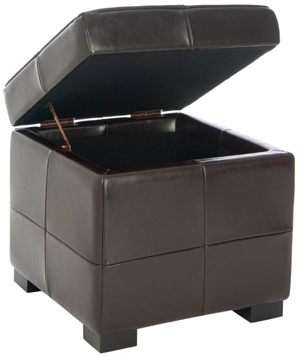 Safavieh Lorenzo Small Flip Top Ottoman: Stylish Brown Leather Cube For Storage & Modern Decor Enhancement HUD4063C