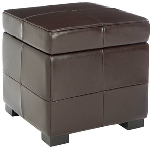 Safavieh Lorenzo Small Flip Top Ottoman: Stylish Brown Leather Cube For Storage & Modern Decor Enhancement HUD4063C