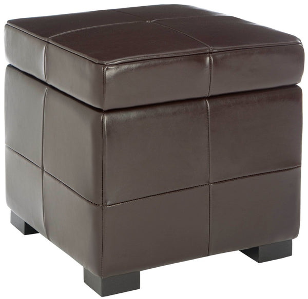 Safavieh Lorenzo Small Flip Top Ottoman: Stylish Brown Leather Cube For Storage & Modern Decor Enhancement HUD4063C