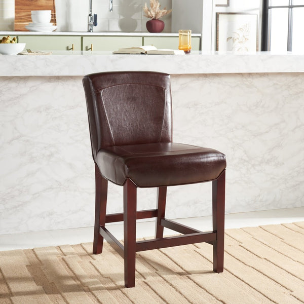 Safavieh Ken Counter Stool - Elegant Brown Bicast Leather With Classic Cherry Mahogany Frame For Comfort HUD8202A