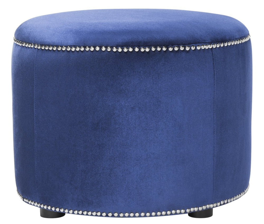 Safavieh Hogan Ottoman - Royal Blue Upholstered Round Ottoman With Nail Head Trim & Beechwood Legs For Style HUD8208F