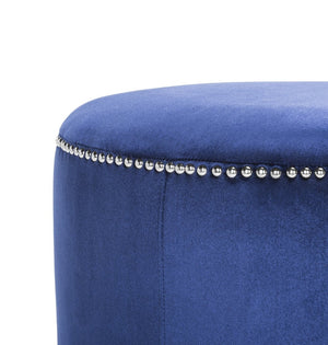 Safavieh Hogan Ottoman - Royal Blue Upholstered Round Ottoman With Nail Head Trim & Beechwood Legs For Style HUD8208F