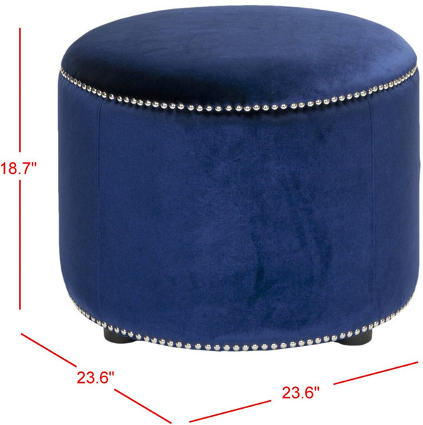 Safavieh Hogan Ottoman - Royal Blue Upholstered Round Ottoman With Nail Head Trim & Beechwood Legs For Style HUD8208F