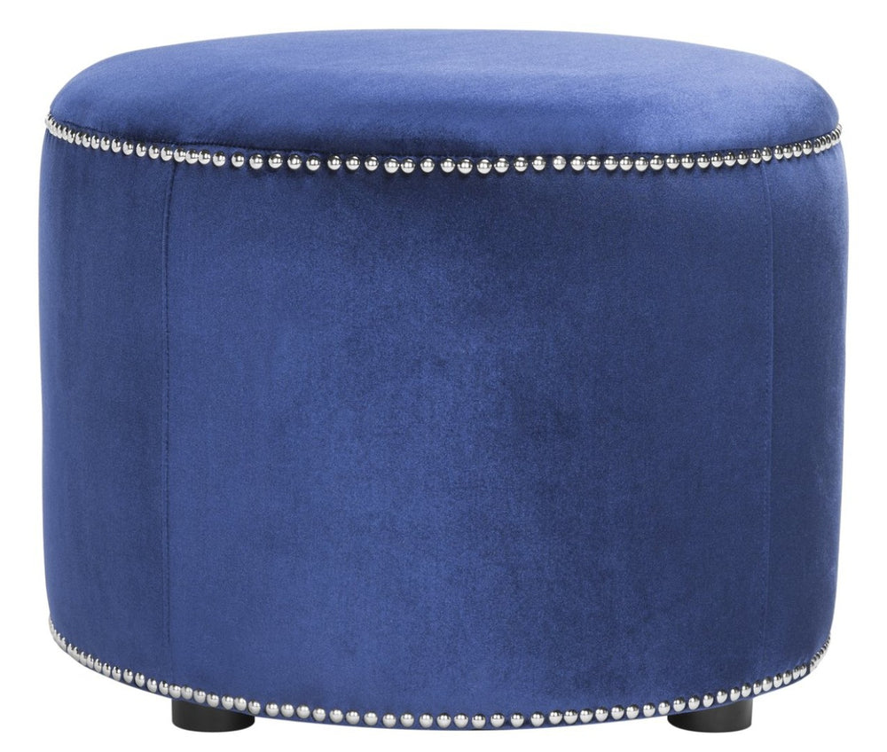 Safavieh Hogan Ottoman - Royal Blue Upholstered Round Ottoman With Nail Head Trim & Beechwood Legs For Style HUD8208F
