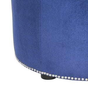 Safavieh Hogan Ottoman - Royal Blue Upholstered Round Ottoman With Nail Head Trim & Beechwood Legs For Style HUD8208F