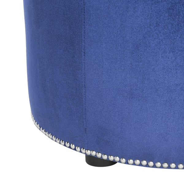 Safavieh Hogan Ottoman - Royal Blue Upholstered Round Ottoman With Nail Head Trim & Beechwood Legs For Style HUD8208F