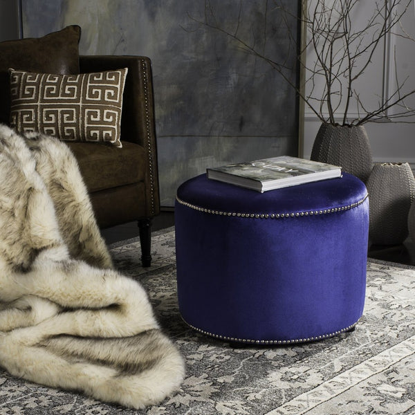 Safavieh Hogan Ottoman - Royal Blue Upholstered Round Ottoman With Nail Head Trim & Beechwood Legs For Style HUD8208F