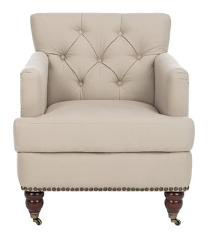 Safavieh Colin Tufted Club Chair - Timeless Accent Piece With Brass Nailhead Trim For Elegant Spaces Ecru/Cherry Mahogany HUD8212A