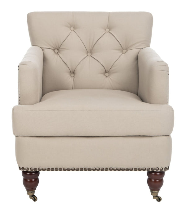 Safavieh Colin Tufted Club Chair - Timeless Accent Piece With Brass Nailhead Trim For Elegant Spaces Ecru/Cherry Mahogany HUD8212A
