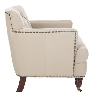 Safavieh Colin Tufted Club Chair - Timeless Accent Piece With Brass Nailhead Trim For Elegant Spaces Ecru/Cherry Mahogany HUD8212A