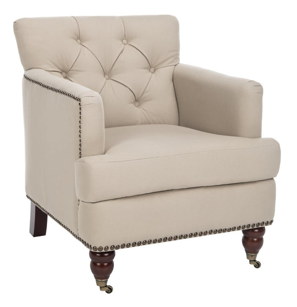 Safavieh Colin Tufted Club Chair - Timeless Accent Piece With Brass Nailhead Trim For Elegant Spaces Ecru/Cherry Mahogany HUD8212A