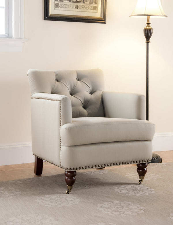 Safavieh Colin Tufted Club Chair - Timeless Accent Piece With Brass Nailhead Trim For Elegant Spaces Ecru/Cherry Mahogany HUD8212A