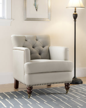 Safavieh Colin Tufted Club Chair - Timeless Accent Piece With Brass Nailhead Trim For Elegant Spaces Ecru/Cherry Mahogany HUD8212A