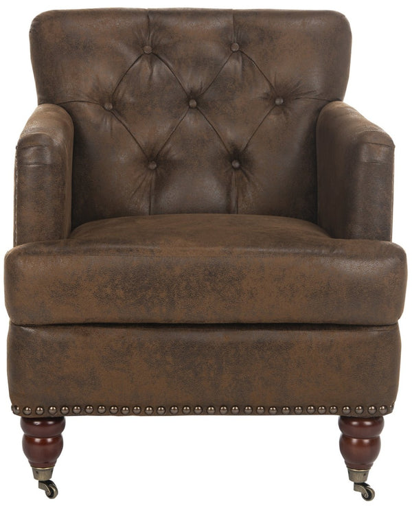 Safavieh Colin Tufted Club Chair - Timeless Accent Piece With Brass Nailhead Trim For Elegant Spaces Brown/ Cherry Mahogany HUD8212B