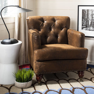Safavieh Colin Tufted Club Chair - Timeless Accent Piece With Brass Nailhead Trim For Elegant Spaces Brown/ Cherry Mahogany HUD8212B