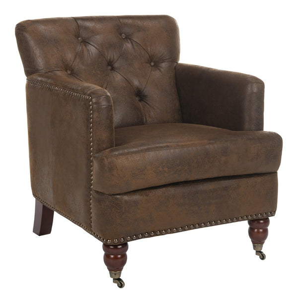 Safavieh Colin Tufted Club Chair - Timeless Accent Piece With Brass Nailhead Trim For Elegant Spaces Brown/ Cherry Mahogany HUD8212B