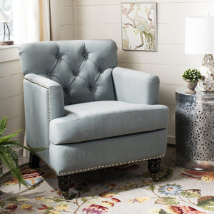 Safavieh Colin Tufted Club Chair - Timeless Accent Piece With Brass Nailhead Trim For Elegant Spaces Sky Blue HUD8212K
