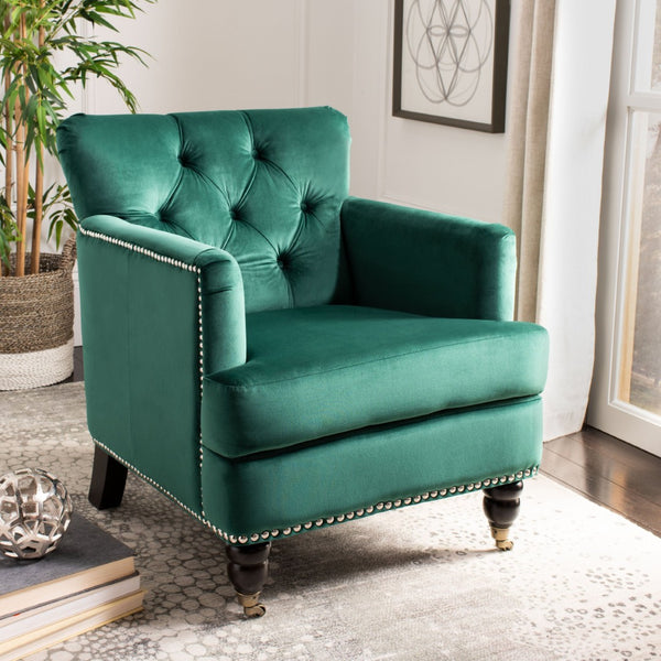 Safavieh Colin Tufted Club Chair - Luxurious Emerald Green Velvet With Timeless Design & Sturdy Espresso Legs HUD8212M