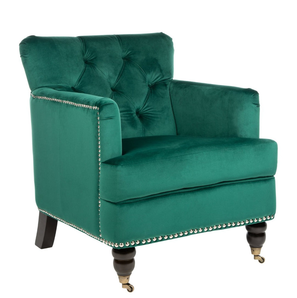 Safavieh Colin Tufted Club Chair - Luxurious Emerald Green Velvet With Timeless Design & Sturdy Espresso Legs HUD8212M