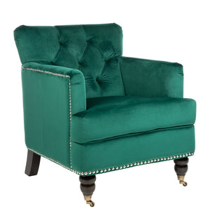 Safavieh Colin Tufted Club Chair - Luxurious Emerald Green Velvet With Timeless Design & Sturdy Espresso Legs HUD8212M