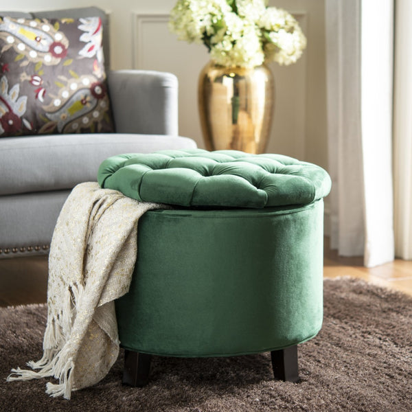 Safavieh Amelia Tufted Storage Ottoman - Chic Accent Piece With Lift-Top Storage For Stylish Living Spaces Emerald HUD8220P
