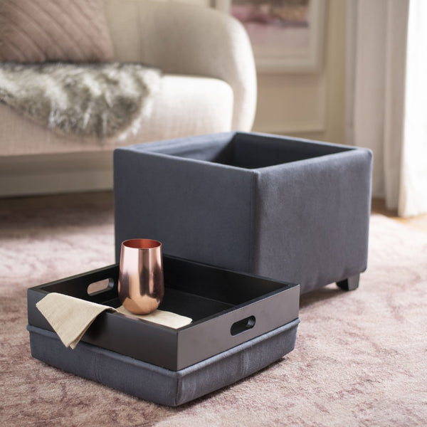 Safavieh Harrison Single Tray Ottoman - Elegant Storage Solution With Removable Serving Tray For Modern Spaces Grey HUD8233N