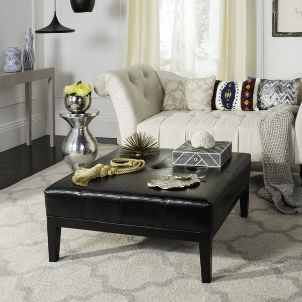 Safavieh Fulton Large Square Cocktail Ottoman - Elegant Black Leather Accent With Dual-Purpose Functionality HUD8237B