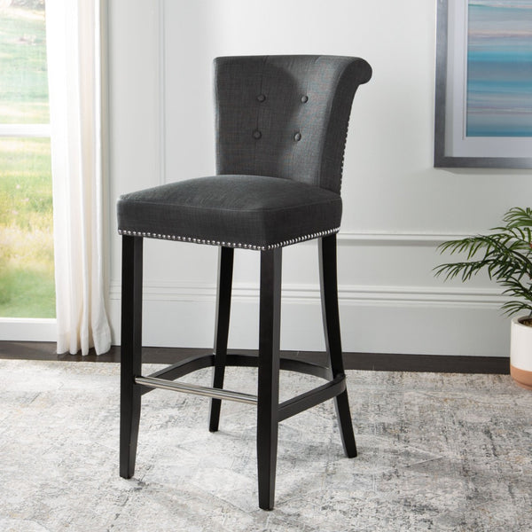 Safavieh Addo Ring Bar Stool - Stylish Charcoal Linen Upholstery, Button-Tufted Backrest & Footrest Comfort HUD8242A