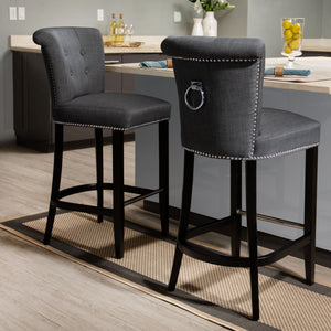 Safavieh Addo Ring Bar Stool - Stylish Charcoal Linen Upholstery, Button-Tufted Backrest & Footrest Comfort HUD8242A