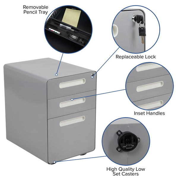 English Elm Wren Ergonomic 3-Drawer Mobile Filing Cabinet with Lock, Anti-Tilt Safety & Versatile Organization Options Gray HZ-AP535-01-GRY-GG