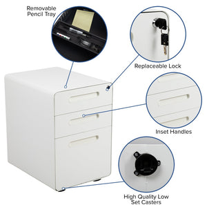 English Elm Wren Ergonomic 3-Drawer Mobile Filing Cabinet with Lock, Anti-Tilt Safety & Versatile Organization Options White HZ-AP535-01-W-GG