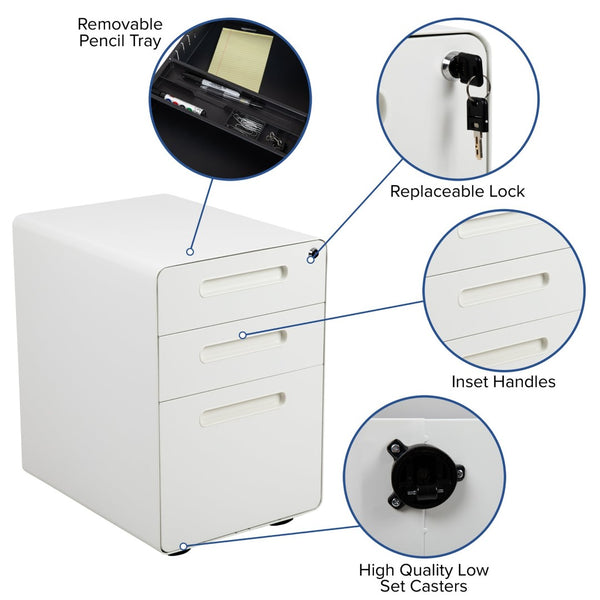 English Elm Wren Ergonomic 3-Drawer Mobile Filing Cabinet with Lock, Anti-Tilt Safety & Versatile Organization Options White HZ-AP535-01-W-GG
