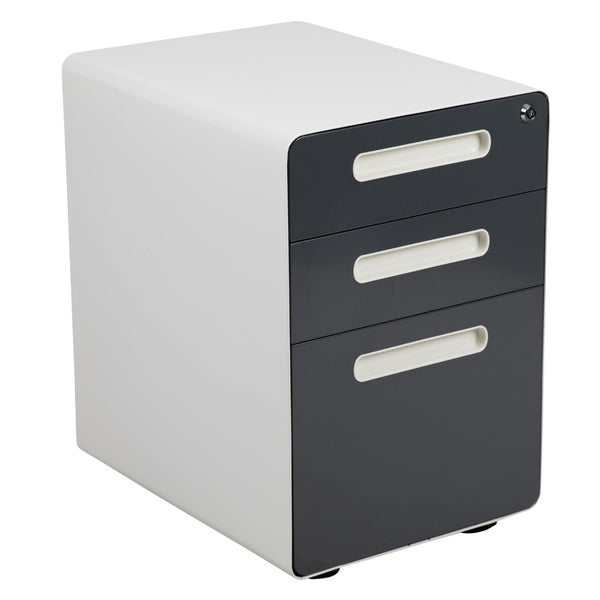 English Elm Wren Ergonomic 3-Drawer Mobile Filing Cabinet with Lock, Anti-Tilt Safety & Versatile Organization Options White and Charcoal HZ-AP535-02-DGY-WH-GG