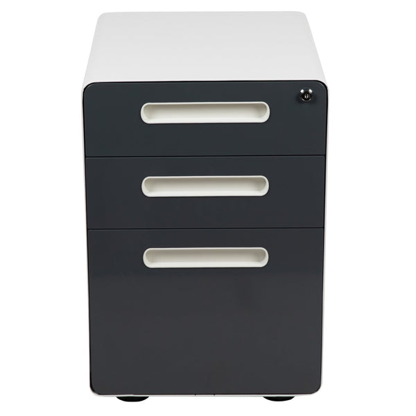 English Elm Wren Ergonomic 3-Drawer Mobile Filing Cabinet with Lock, Anti-Tilt Safety & Versatile Organization Options White and Charcoal HZ-AP535-02-DGY-WH-GG