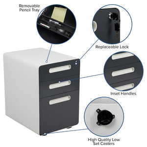 English Elm Wren Ergonomic 3-Drawer Mobile Filing Cabinet with Lock, Anti-Tilt Safety & Versatile Organization Options White and Charcoal HZ-AP535-02-DGY-WH-GG